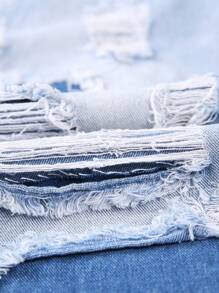 街头风格破洞浅蓝色直筒休闲牛仔裤，时尚宽松男友风牛仔裤 - 藍色 - 查看 8