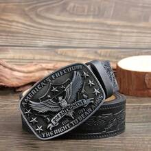 3.7cm Wide Western Style Eagle Star Pattern Cowboy Belt Buckle, Smooth Buckle Design With Punched Round Holes, Suitable For Men And Women - Multicolor - View 5