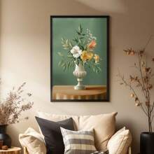 1 pieza Impresión artística en lienzo floral moderna - Diseño de jarr clásico europeo con fondo verde y beige, flores blancas y amarillas, perfecto para la sala de estar, el dormitorio, la cocina, el estudio y talla grande - Decoración de pared sin marco, regalo ideal, decoración floral