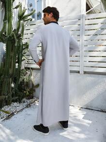 1 件男士经典传统服装，长袖优质涤纶面料长袍，简约低调灰色服装配黑色条纹长袍 - 灰色 - 查看 6