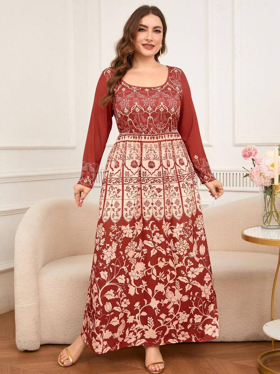 DEARCASE Plus Size Hot Stamping Print Long Sleeve Arabic Style Dress - Multicolor - View 1