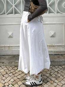 Faldas largas minimalistas de calle, faldas de línea A de unicolor con cintura elástica, con flores abultadas y pomposas - Blanco - Ver 3