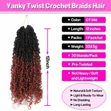 12 Inch 1 Pack Yanky Twist Crochet Hair Pre-Twisted Fluffy Spring Yankee Twist With Curly Crochet Hair For Women Crochet Hair Pre Looped Synthetic Hair Extension - Multicolor - View 3