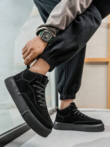 Men's Vintage Retro Solid Black High-Top Lace-Up Motorcycle Boots, High-Top Thick Sole Raised Height Non-Slip Fashion Leather Skate Sneakers - Black - View 8