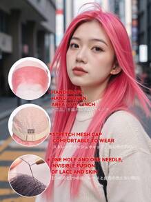 real me. Ash Pink Color Long Straight Human Hair Wig 100% Remy Human Hair Easy To Style Suitable For All Hair Types And Daily Wear Handcraft Area 13*4 Inch 150% Density 12-22 Inch - SPink - View 7