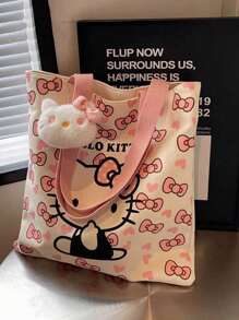 Sanrio Sac en canevas chat dessin animé Sanrio, sac à main décontracté à porter à l'épaule pour les étudiants, sac fourre-tout de grande capacité pour l'école et les déplacements, sac à bandoulière, sac fourre-tout, plage, voyage, camping, extérieur, maquillage, remise des diplômes, mariage, anniversaire, cadeau, campus, Hello Kitty