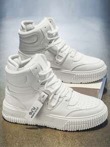 Casual Sports Shoes, Soft Sole & Soft Fabric, Comfortable Couple Shoes, Solid Color High-Top Round Toe Lace-Up Everyday Casual Fashionable Daily Wear Boots, PU Leather Waterproof Anti-Oil Men's Dress Shoes For Everyday Commute And Outdoor, Young Men's Canvas Sneakers With Double Laces, Thick Sole, Anti-Slip, Wear-Resistant, Casual Comfortable Men's Shoes To Increase Height, Men's Fashion Leather Boots