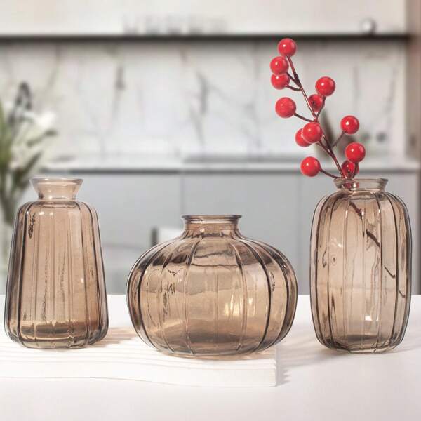 3Pcs Glass Flower Vases - Vertical Striped Rustic Decor For Wedding Centerpieces & Home | Multi-Use With Artificial Flowers, Plant Stand & Shelf Compatibility. Gifts Birthday Graduation