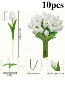 10 قطع من الزهور البيضاء الأنيقة الاصطناعية - ساق بلاستيكية ريالية ، مثالية لعيد الحب ، إكليل الربيع ، باقات الزفاف ، ديكور المنزل والمكتب والحفلات ، لا تحتاج إلى طاقة أو بطارية