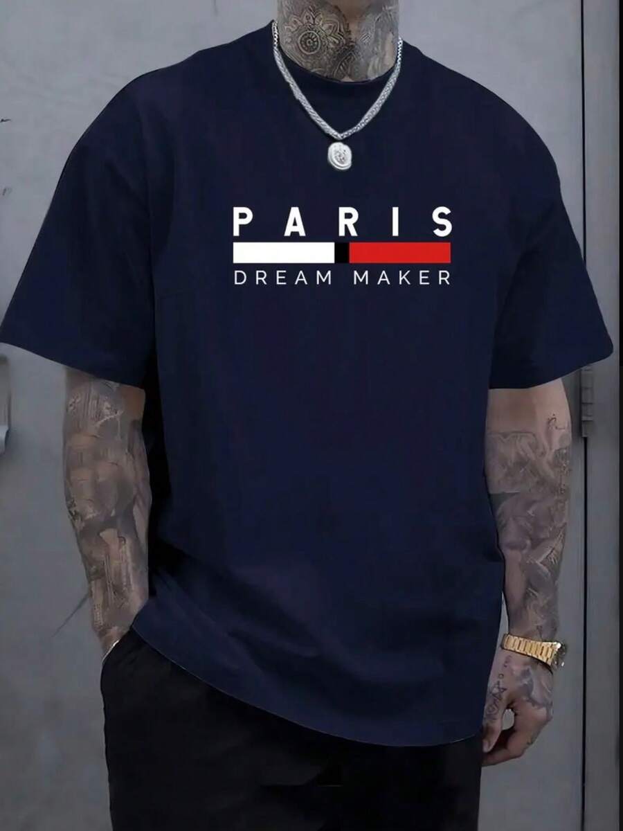 Paris Men's Basic T-Shirt Plain Yarn 30.1 100% Cotton Casual NEW - 藏蓝色 - 查看 1