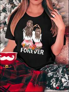 Creative English Forever Mother And Daughter Pattern Print Women's Casual Sports T-Shirt, Round Neck, Short Sleeve, Holiday Comfortable Summer Top - Multicolor - View 2