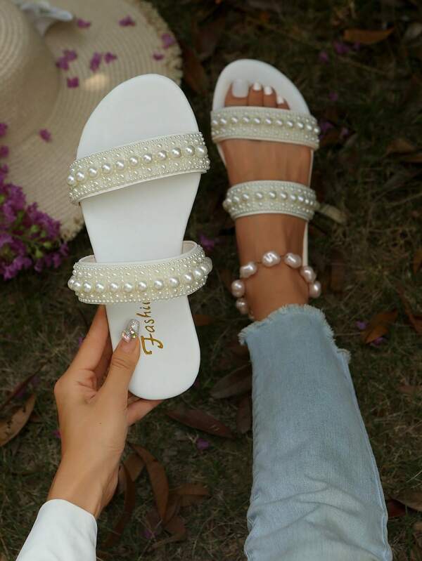 Plus Size Women Pearl Decor Front & Back Slip-On Slippers, Gradient Pearl Luxury Fashion Round Toe Flat Sandals, Spring/Summer New Vacation Style Casual Big Feet All Sizes (36-44)