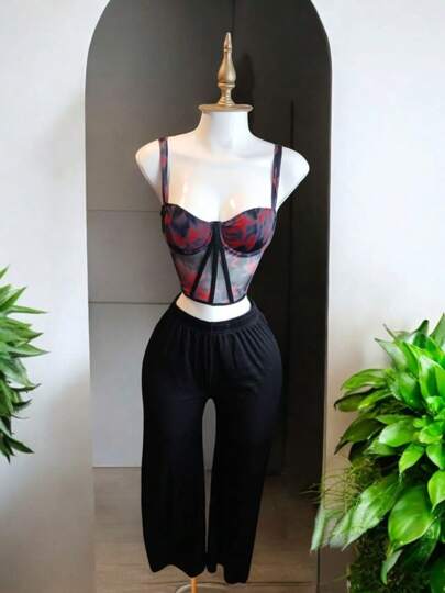 Top corto tipo corsé de poliéster transparente con estampado detalle de varillas sin relleno