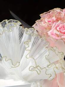 1pc Gold-Edged Wavy Tulle Fabric, 28cm*400cm Champagne & White, Wedding Flower Wrapping Tulle, Suitable For Flower Shops, Wedding Cake Decor, Flower Bouquet Packaging For Festivals And Parties
