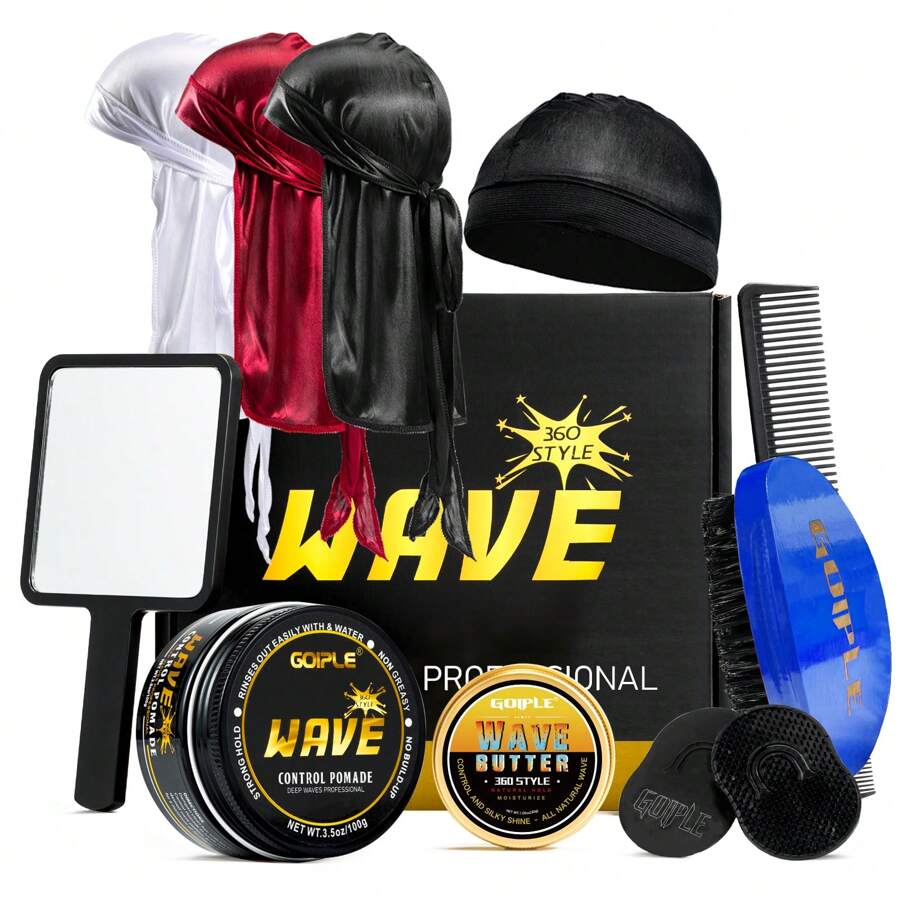 GOIPLE 12pcs Strong - Hold Wave Styling Kit – 360 Wave Training Pomade & Butter Set, Easy - Wash Formula For Layered Waves, Moisture & Silky Shine – Complete With Wave Caps, Combs, Mirror, Curved Brushes & Long - Tail Durags – Salon - Grade Creation, Nourishing Care & Modern Textured Hairstyles