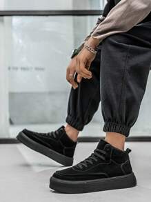 Men's Vintage Retro Solid Black High-Top Lace-Up Motorcycle Boots, High-Top Thick Sole Raised Height Non-Slip Fashion Leather Skate Sneakers - Black - View 7