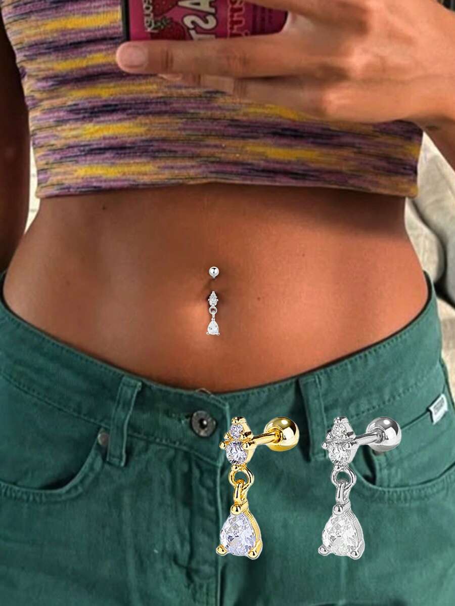 Joyería de piercing de ombligo de plata de ley 925 con gota de agua, aro de ombligo, pendiente de ombligo - soltero - Ver 1