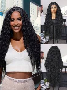 （黑色）13X4 蕾丝前假发，带婴儿头发合成纤维，日本进口，32 英寸深波浪超长假发，合成纤维耐热假发弹力网帽，适合各种种族日常聚会，高品质女士自然美丽合成柔软假纤维头发 - 黑色 - 查看 1