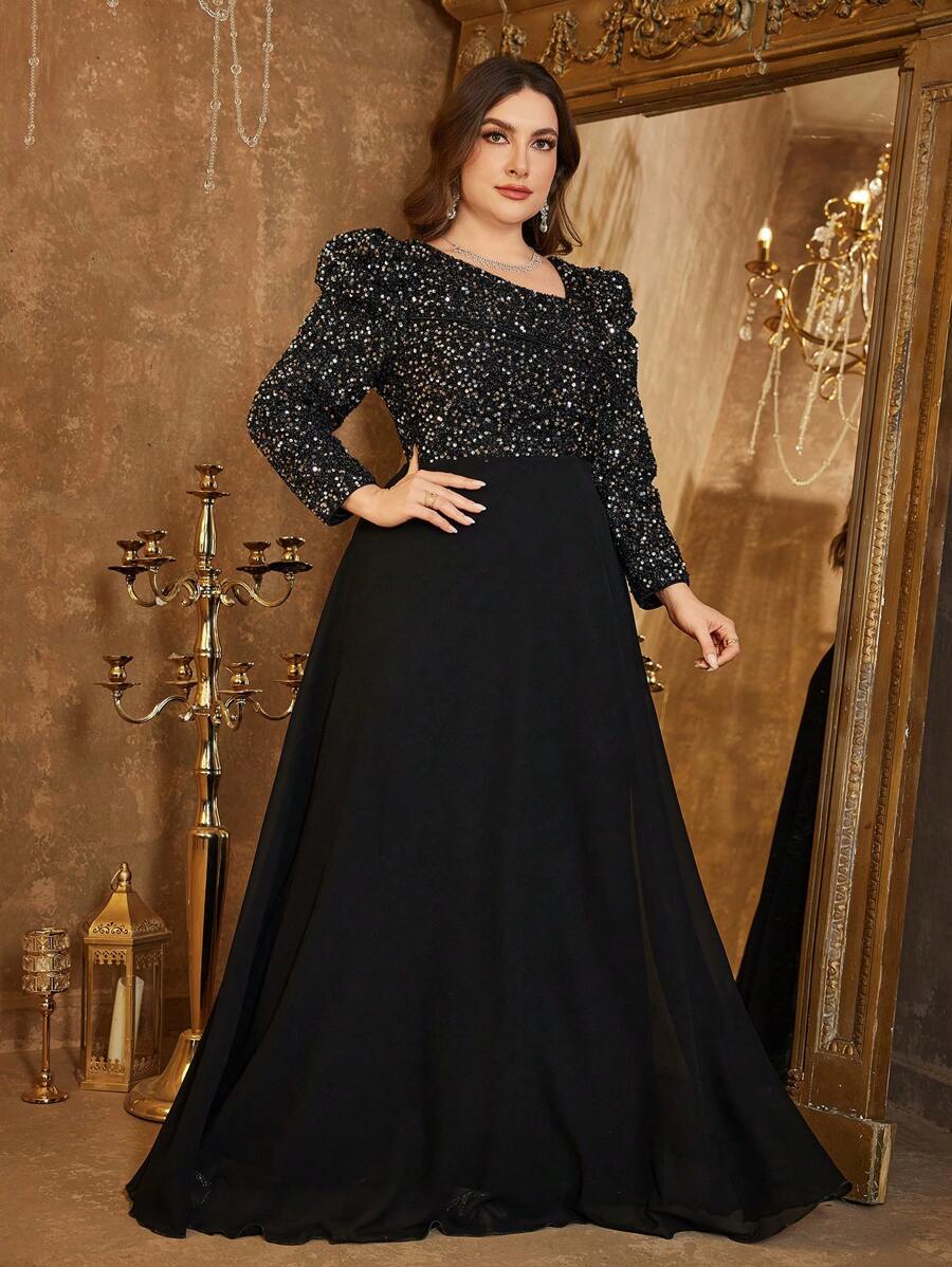 UNITHORSE Plus Size Open Back Sequin Patchwork Ruched Flared Hem Asymmetrical Neck Straight Sleeve Evening Dress, Wedding Guest Dress, Party Dress, Formal Dress,Gown - Black - View 1