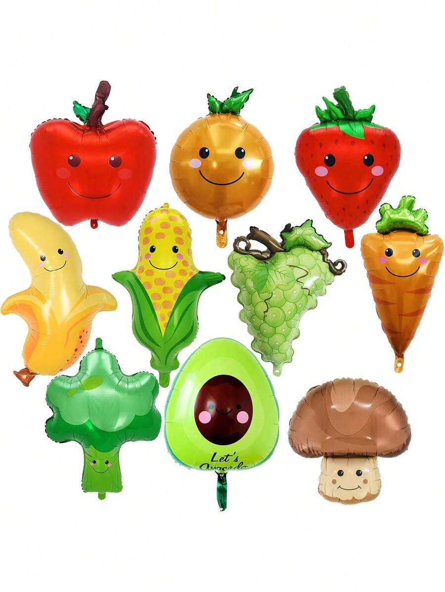 10 Pcs Fruit Balloon And Vegetable Balloon - Large Apple Orange Strawberry Grape Mushroom Banana Avocado Corn Carrot Broccoli Mylar Foil Balloon, Fruit Theme Birthday Party Decorations Supplies