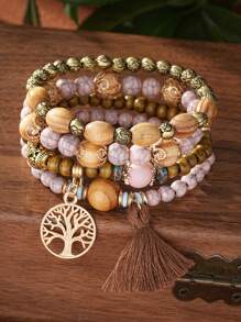 4pcs/Set Boho Multilayer Wooden & Glass Beaded Bracelets With Tassel, Life Tree & Butterfly Pendants, Suitable For Everyday Wear