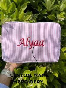 1pc Personalized Embroidered Tulle Striped Makeup Bag With Name/Initial, Waterproof Travel Cosmetic Pouch, Cute Zipper Storage Bag, Gifts For Couples, Daughter, Mom, Best Friend, Couple - Multicolor - View 2