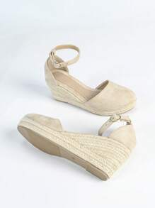 女士麻绳坡跟蕾丝网眼包头凉鞋，休闲圆头镂空透气厚底高跟草编鞋，百搭渔夫凉鞋