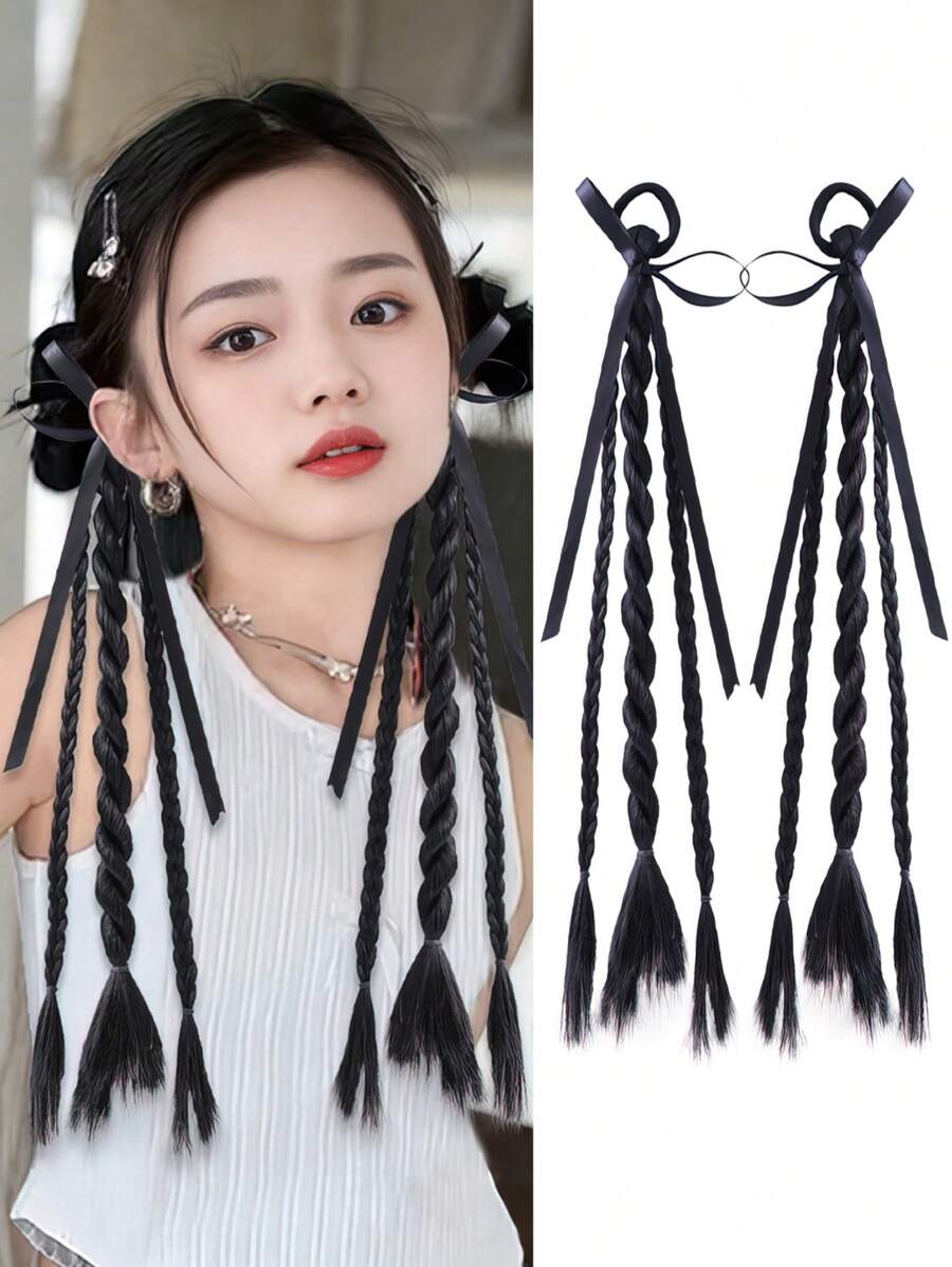 2 件装黑色扭纹辫子带蝴蝶结合成马尾辫接发，Y2K 甜美酷女孩辫子接发