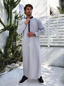 1 件男士经典传统服装，长袖优质涤纶面料长袍，简约低调灰色服装配黑色条纹长袍 - 灰色 - 查看 4