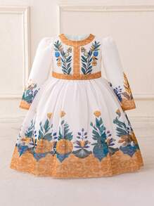 Baby Girls' Long Sleeve Chiffon Princess Dress, Elegant Party Event Dress - White - View 1