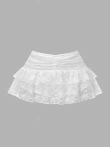 Women's Lace Ruffle Drawstring Pleated Cute Cake Mini Skirt, Suitable For Gathering, Shopping, Party, White