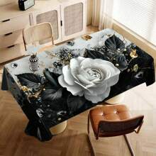1 pieza Elegante mantel blanco con rosas, diseño contrastante de hojas negras con lunares y flores blancas, resistente a las manchas y lavable de poliéster rectangular para decorar la mesa del hogar, la cocina, el comedor, fiestas y picnics - Blanco y Negro - Ver 6