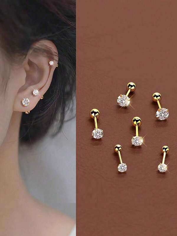 Set de 6/12 piezas de elegantes aretes minimalistas para damas, con incrustaciones de acero de titanio y circonita artificial, brillantes y convenientes para perforación de orejas