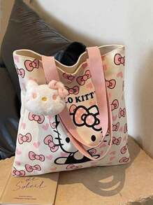 Sanrio Sac en canevas chat dessin animé Sanrio, sac à main décontracté à porter à l'épaule pour les étudiants, sac fourre-tout de grande capacité pour l'école et les déplacements, sac à bandoulière, sac fourre-tout, plage, voyage, camping, extérieur, maquillage, remise des diplômes, mariage, anniversaire, cadeau, campus, Hello Kitty