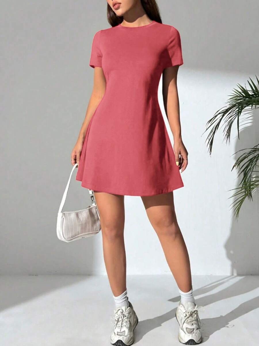 Women's Short Dress Comfortable And Sexy Light And Quality Solid Colors - 珊瑚粉 - 查看 1