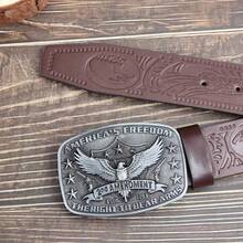 3.7cm Wide Western Style Eagle Star Pattern Cowboy Belt Buckle, Smooth Buckle Design With Punched Round Holes, Suitable For Men And Women - Multicolor - View 9