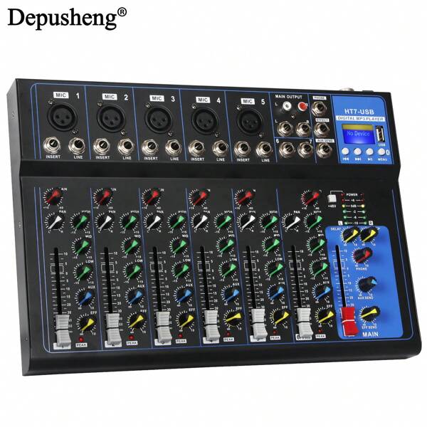 DEPUSHENG Mezclador de audio portátil Depusheng HT7, mezclador de banda de 7 canales con mezclador de sonido USB para DJ, conector MP3, fuente de alimentación de 48 V para grabación por computadora