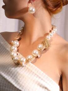 Set de 3 piezas de collar y aretes tejidos con perlas falsas, elegante y apropiado para uso diario, fiestas, regalo para mamá