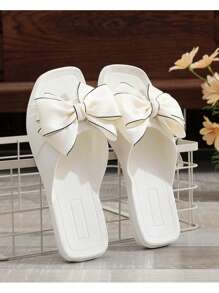 女士柔软平底系带凉鞋，蝴蝶结设计，舒适一脚蹬拖鞋，2024 年夏季新品 - 白色 - 查看 6