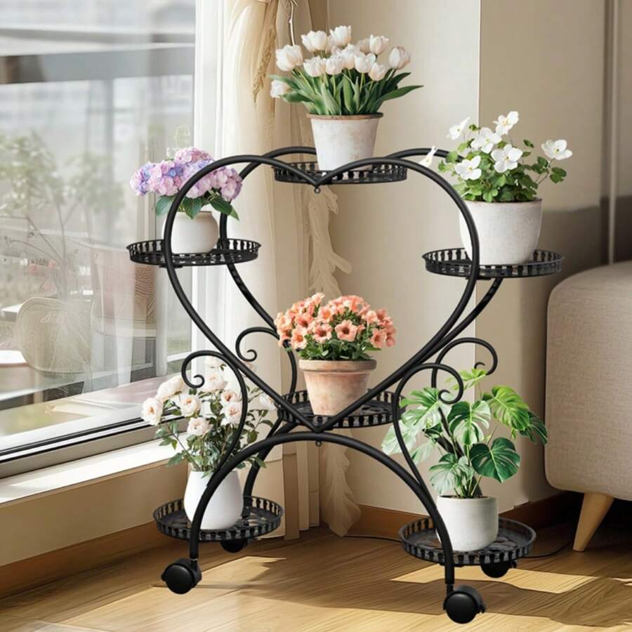 UNHO Vertical Plant Stand: 6 Potted Heart-Shaped Metal Plant Stand On Wheels Garden Cart Flower Pots Organizer Rack For Patio, Porches, Balcony Planters - 黑色 - 查看 1