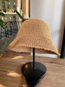 1pc New Solid Color Casual Simple Straw Hat, Lightweight Summer Sun Protection, Foldable & Versatile - Straw Hat - View 2