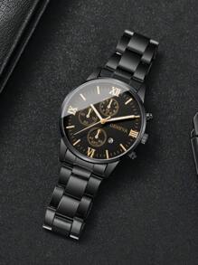 1pc Men's Steel Strap Fashion Sophisticated Roman Scale Dial Calender Quartz Wristwatch, Classic Design (No Watch Box Included) - Black - View 6