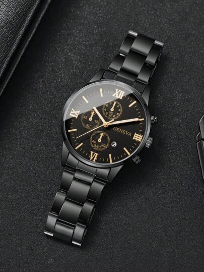 1pc Steel Strap Sophisticated Roman Scale Dial Calender Quartz Wristwatch, Classic (No Horloge Box Included) view 6