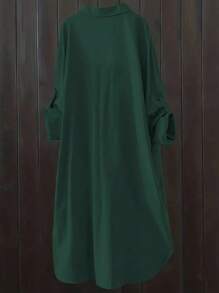 Women's Casual Solid Color Roll Up Sleeve Blouse, Spring/Autumn - Dark Green - View 2