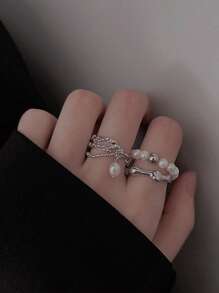 2 Chiếc Nhẫn Mở Bất Đối Xứng Chuỗi Ngọc Trai Giả Thời Trang, Đơn Giản Tối Giản Phong Cách Cổ Điển Có Thể Điều Chỉnh Dành Cho Nữ, Thích Hợp Để Đeo Hàng Ngày - Bạc - Xem 1