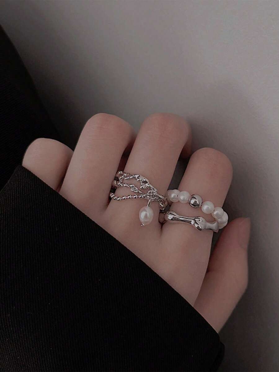 2 Chiếc Nhẫn Mở Bất Đối Xứng Chuỗi Ngọc Trai Giả Thời Trang, Đơn Giản Tối Giản Phong Cách Cổ Điển Có Thể Điều Chỉnh Dành Cho Nữ, Thích Hợp Để Đeo Hàng Ngày - Bạc - Xem 1