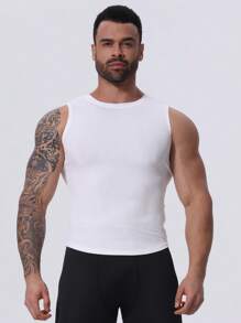 男士无袖T恤上衣，轻盈弹力，速干压缩舒适条纹面料，适合跑步、户外运动、日常休闲、健身训练，透气凉爽的打底衫。男士夏季篮球压缩无袖上衣，高弹透气圆领吊带运动上衣 - 白色 - 查看 6