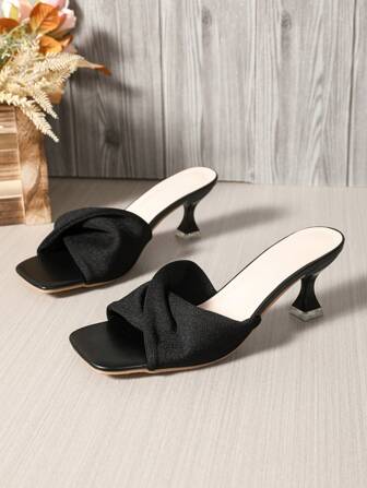 Solid Color Square Toe High Heel Sandals, Open Heel Design, Suitable For Party And Wedding