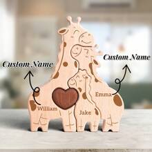 1 pièce Puzzle famille girafe en bois personnalisé, peut graver les noms de 2 à 5 membres de la famille, fabriqué en bois de haute qualité, poli à la main, décoration pour la maison multifonctionnelle, convient comme cadeau pour Noël, Thanksgiving, Saint-Valentin, Fête des Pères et Fête des Mères - Multicolore - Voir 1