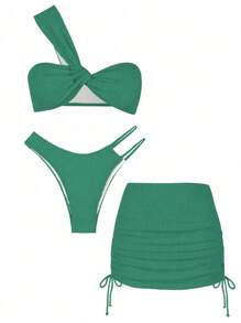 Women's Sexy One-Shoulder Three Pieces Ribbed Bikini Swimsuit For Summer Beach Vacation - Green - View 2